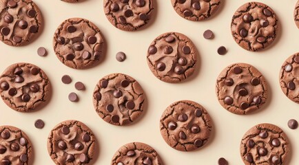 Canvas Print - Pattern with chocolate cookies on pastel cream background, top view, minimal flat lay style.