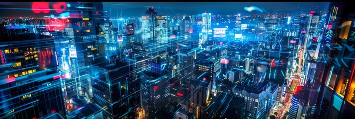 Wall Mural - A high-angle view of a futuristic city skyline at night, with buildings illuminated by vibrant neon lights and digital displays