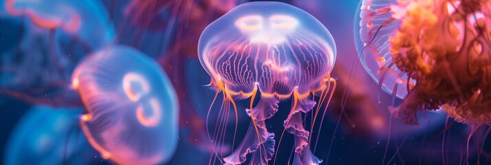 A close-up photo of a jellyfish with vibrant pink and orange hues, gracefully floating in an aquarium