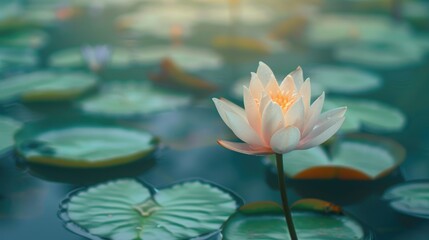 Wall Mural - Delicate lotus flower with a soft-focus background of lily pads AI generated