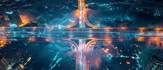 Wall Mural - At night, a city roads pulses with light and motion, reflecting the integration of cloud technology and innovative design in urban spaces