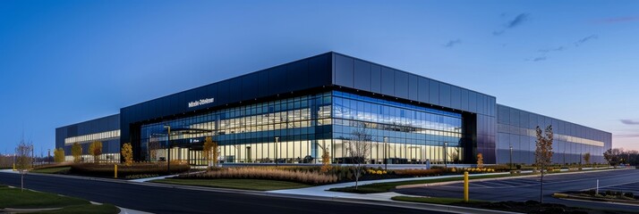 Wall Mural - A wide-angle shot of a large, modern data center building exterior at dusk. The building is mostly glass and metal, with a sleek, contemporary design