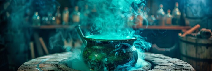 A close-up photo of a bubbling witchs cauldron with swirling teal smoke