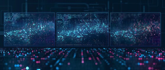 Digital illustrations in blue showcase computer codes and futuristic web designs. Virtual patterns define a future where technology meets business in digital landscapes