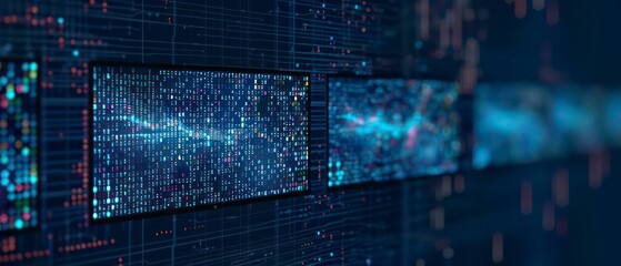 Digital illustrations in blue showcase computer codes and futuristic web designs. Virtual patterns define a future where technology meets business in digital landscapes