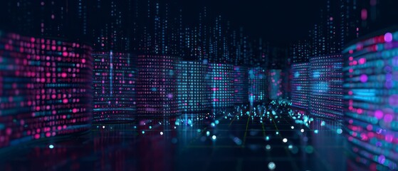 Digital illustrations in blue showcase computer codes and futuristic web designs. Virtual patterns define a future where technology meets business in digital landscapes
