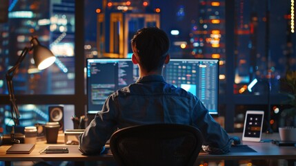 A young app developer is captured in an over-the-shoulder shot, designing a new mobile phone application and working on software UI development using a desktop computer in a modern office studio