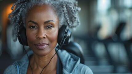 A person with gray curly hair is seen at the gym wearing headphones and focusing on their workout routine. The image captures the joy and focus during the exercise.