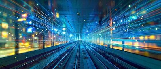 Wall Mural - Speeding through the city's underground, with blurred lights and people rushing, showcasing the vibrant urban transport system's energetic movement and urbanization