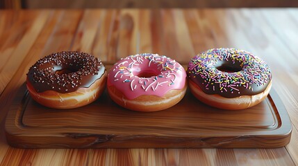 Wall Mural - Three donuts on the wooden board very detailed and realistic shape