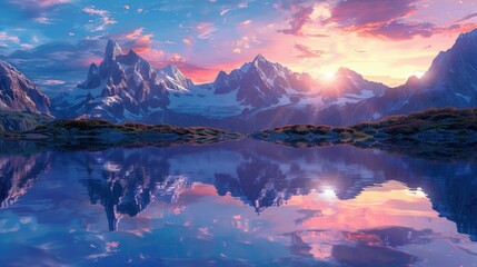 Wall Mural - Sunset over a serene mountain lake with reflections of the peaks in the water AI generated
