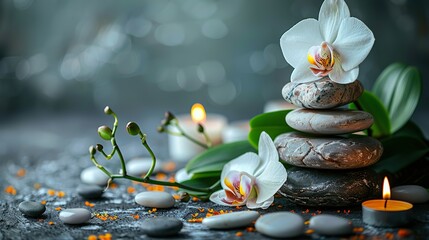 Zen stones, candles, and white orchid on neutral background evoke calmness and serenity, inviting relaxation and well-being. illustration images