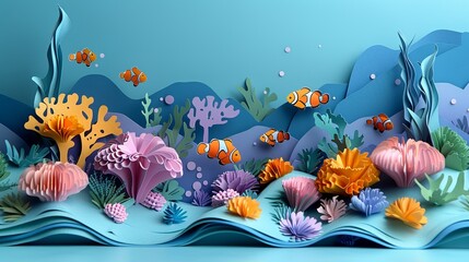 Wall Mural - Paper craft underwater world with colorful coral reefs and exotic fish, perfect for marine conservation campaigns. Illustration, Minimalism,