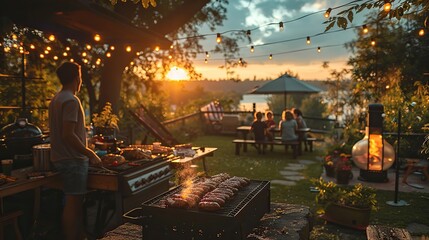 Memorial Day barbecue with friends and family, flags waving in the breeze, children playing in the background. illustration images