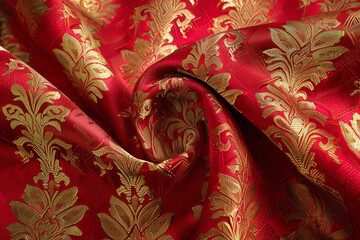 Red and Gold Bridal Silk Brocade Fabric with Floral Pattern
