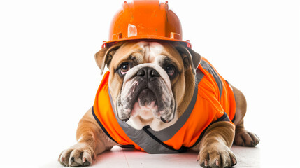 Working dog: Bulldog dressed as a construction worker, set against a white background.