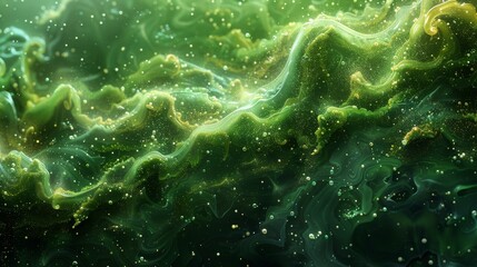 Wall Mural - A mesmerizing and intricate green abstract image portraying ethereal swirling light patterns and particles, evoking a sense of fluid motion and infinite expanses of space.