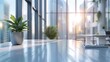 © Barosanu - Bright modern office interior with a potted plant on a polished table, featuring large glass windows offering a panoramic view of a cityscape bathed in sunlight.