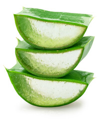 Wall Mural - Fresh cuts of aloe vera leaf are arranged in pyramid, macro shot isolated on white background. Clipping path.