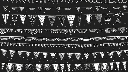Wall Mural - Doodle design elements isolated on black background. Handdrawn borders. Flags, bunting, banners. Abstract shapes. Modern illustration.