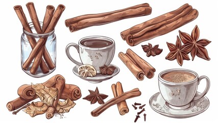 Hand drawn cinnamon sticks and rolls. Cannella sketch collection isolated on white. Embossed flavor spice clipart in vintage style. Mulled wine, coffee, and cooking essence.