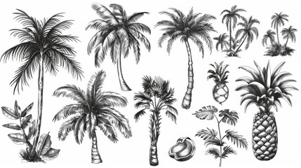 Wall Mural - a black and white doodle element set with palm trees illustrating a tropical plant painting. a colle