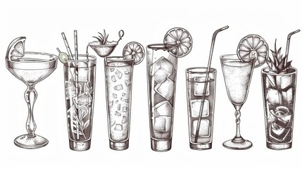 Modern illustration of vintage cocktails drinks. Retro engraving template isolated on white. Margarita, mojito, pina colada, lime, ice.