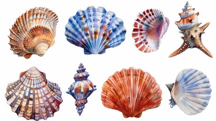 Wall Mural - Isolated transparent background with watercolor set of different seashells. PNG format.