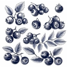 Wall Mural - Isolated on white, hand-drawn ink blueberries with leaves. Modern illustration. Vintage style graphic elements. Berries, leaves, and plants engraved.