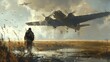 © djmaxx24 - Concept art of an old war plane flying over wetlands, there is one man walking on the ground with his back to us in the distance, brush strokes, in the style of concept art.