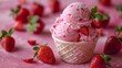© svastix - A detailed scoop of strawberry ice cream placed in a waffle cone, surrounded by whole fresh strawberries on a pastel pink background. The perfect summer treat captured beautifully.