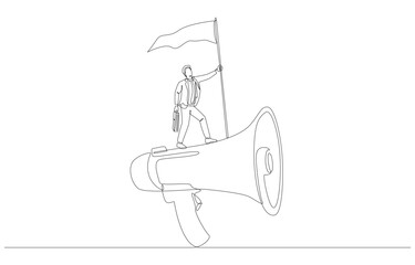 Continuous one line drawing of businessman standing on megaphone to raise flag, successful business communication, single line art.