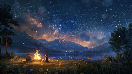 Campers sitting around a campfire under a starry sky