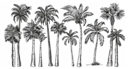 Wall Mural - embossed exotic nature botanical illustration set of tropical palm trees. hand drawn vintage hawaii 