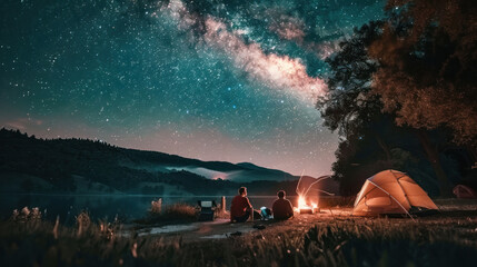 Campers sitting around a campfire under a starry sky