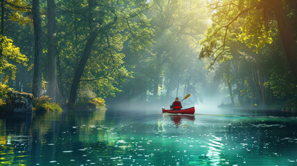 Wall Mural - Canoeist paddling through a serene forest river