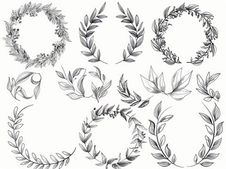 Wall Mural - Set of Laurel leaf wreaths, olive branches and round floral ornament frame moderns. Bundle of victory or triumph symbols.