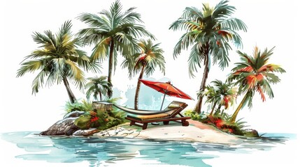 Wall Mural - Tropical islands with palm trees, hammocks, parasols, and chaise longues. Modern illustration of a hand drawn landscape.
