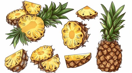 Wall Mural - Pineapple and exotic ananas. Tropical plant fruit sketches. Nature sweet dessert template. Botanical summer meal elements. Modern juicy vegetarian food.