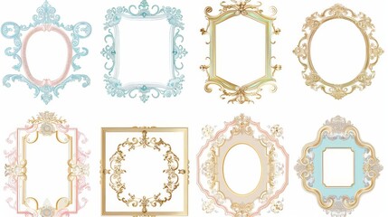 Wall Mural - Decorative frames with trendy curly mirror borders. Elegant vintage hand drawn framing mockup. Isolated squares and rounds with colorful baroque decorations. Modern pictures frameworks.