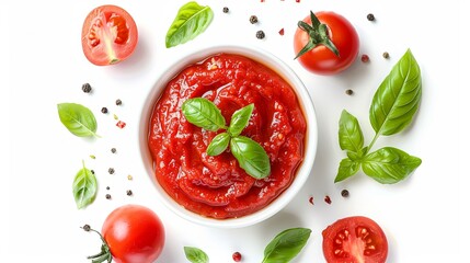 Poster - Tomato sauce with basil on a white background