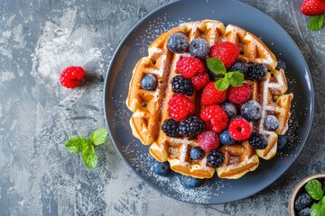 A delicious and healthy breakfast of whole grain waffles topped with fresh berries