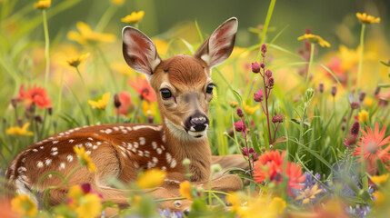 Sticker - Deer fawn nestled in a bed of wildflowers
