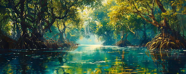 Wall Mural - A tranquil mangrove forest teeming with life, with tangled roots and vibrant green foliage reflected in calm waters.