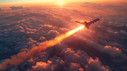 Wall Mural - aircraft flying through sunset clouds with contrail