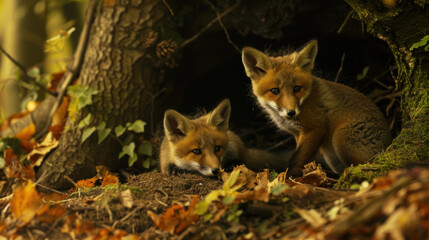 Wall Mural - Fox cubs playing near a burrow in the woods
