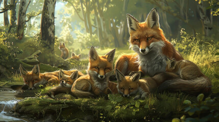 Fox family resting in a shaded forest glen