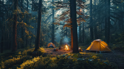 friends camping in a forest with tents and a campfire