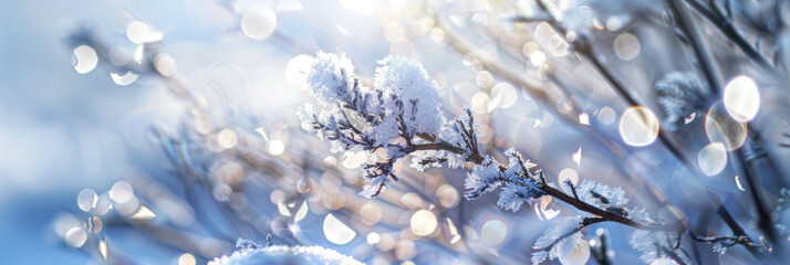 Canvas Print - Frosty Winter Branch with Snow and Ice Crystals Against Sparkling Background