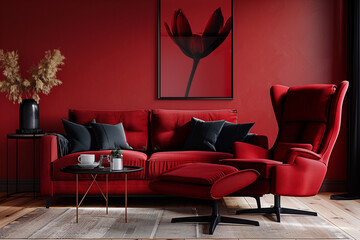 photo of red sofa and recliner chair with plants in a scandinavian clean and minimalist living room apartment and design interior furniture